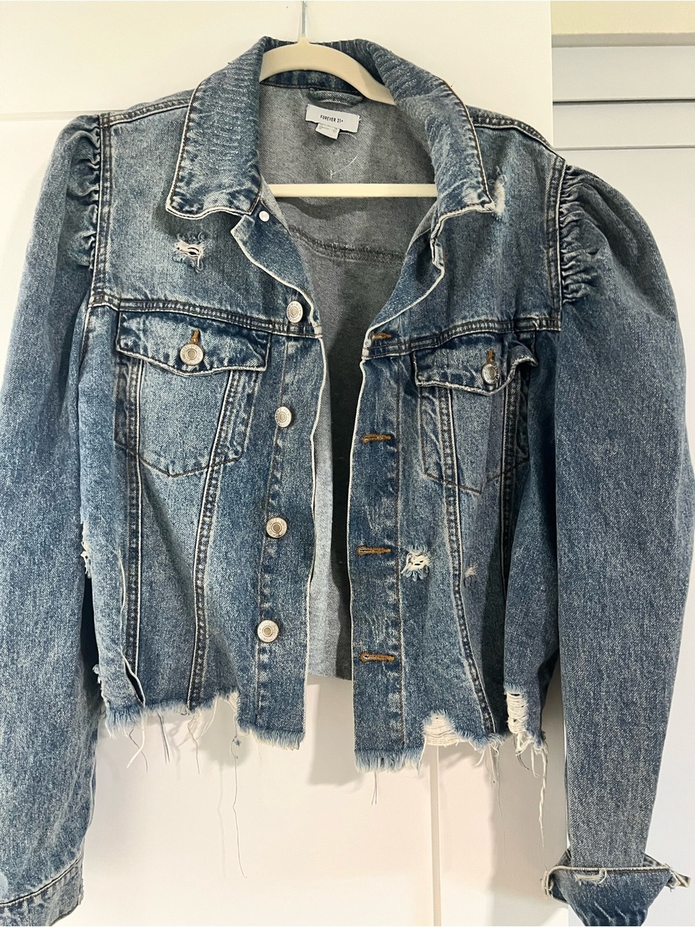 Fashion Nova Puff Sleeve Distressed Denim Jacket - Light Blue